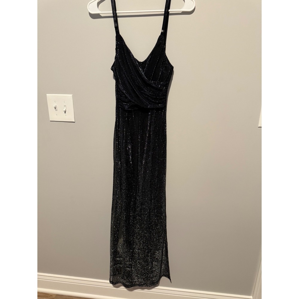 Vintage Lip Service Black Silver Metallic Glitter Maxi Dress Side Slit XS 60-16